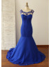 Beaded Royal Blue Chiffon Backless Prom Dress